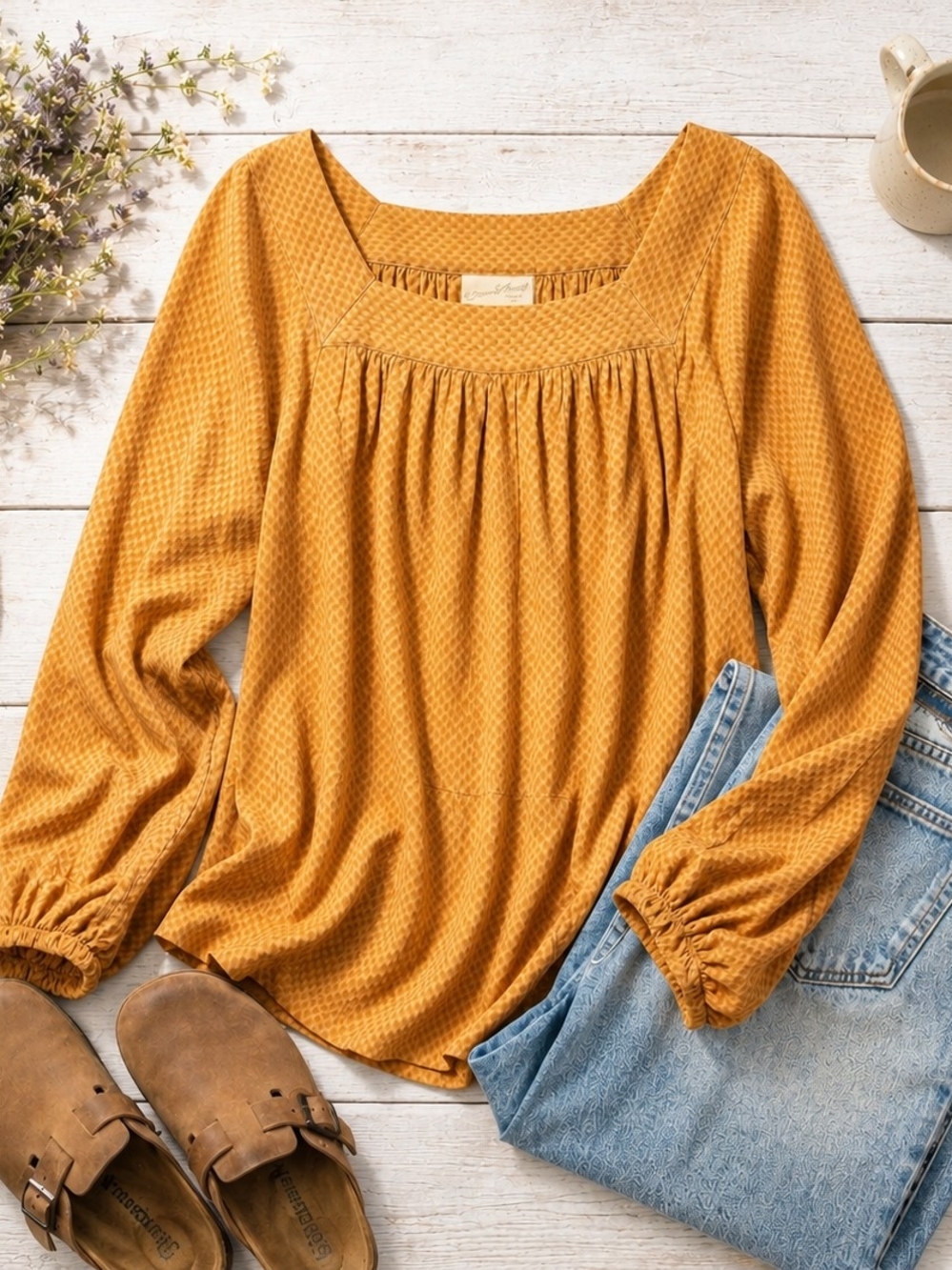 Universal Thread Mustard Square-Neck Waffle Knit Blouse - Picture 2 of 4